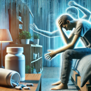 a focus on the potential side effects of medications. The background shows a